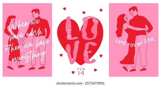 Abstract greeting cards for St. Valentine's Day. February 14 vintage banner, poster design concept. Romantic cards designs with love couples. Presents for the feast of Saint Valentine