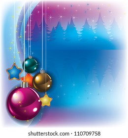 Abstract greeting with Christmas decorations and forest