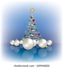 Abstract greeting with Christmas tree and decorations on blue