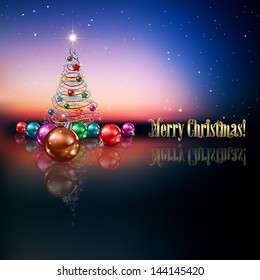 abstract greeting with Christmas tree decorations and stars
