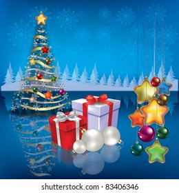 Abstract greeting with Christmas tree and gifts on blue