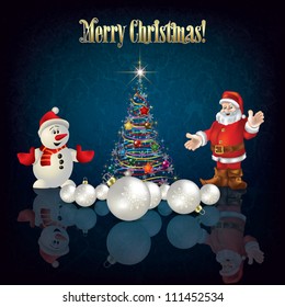 Abstract greeting with Christmas tree Santa Claus and snowman
