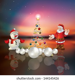 Abstract greeting with Christmas tree Santa Claus and snowman