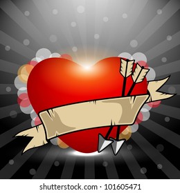Abstract greeting, gift card or banner with red heart shape, ribbon and arrow on rays background and copy space for your text. EPS 10, Vector illustration.