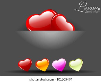 Abstract greeting, gift card or banner with heart shapes icon in red yellow, pink and green color and copy space for your text. EPS 10, Vector illustration.