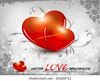 Abstract greeting, gift card or banner with shiny heart on floral decorative background having grungy effect and copy space for your text. EPS 10, Vector illustration.