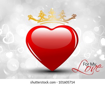 Abstract greeting, gift card or banner with decorative red heart shape and golden crown. EPS 10, Vector illustration.