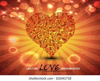 Abstract greeting, gift card or banner with shiny heart shape on red abstract background and copy space for your text. EPS 10, Vector illustration.