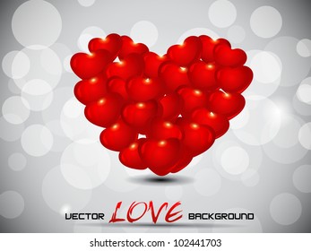 Abstract greeting, gift card or flyer with shiny heart shape  made with small heart shapes in red  color on grey abstract love background. EPS 10.