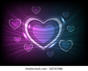Abstract greeting, gift card or flyer with shiny heart shapes on wave background in purple and blue color abstract love background. EPS 10.