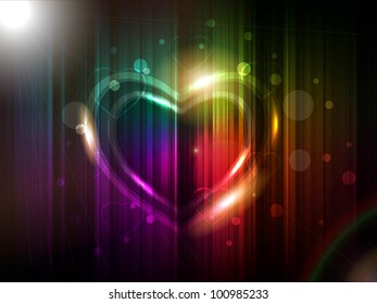 Abstract greeting poster background or banner with shiny colorful heart shapes and copy space for your text on colorful background. EPS 10, Vector illustration.