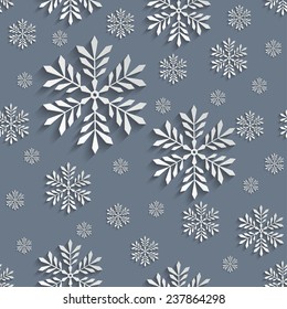 Abstract Grey 3d Christmas Background with Snowflakes. Vector Seamless Pattern Template for Christmas and Invitation Cards
