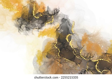 Abstract grey art with gold — black and white background with beautiful smudges and stains made with alcohol ink and golden paint. Marble ink abstract art.