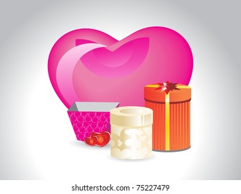 abstract grey background with big pink heart, collection of gift box