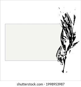 Abstract grey background with black frame for text with ink black abstract branch of leaves prints. Vector. Quote text info design. Template for social networks stories and posts.