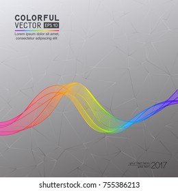 Abstract Grey Background with Bright Rainbow Wave Line on Triangular Grid Backdrop. Creative Iridescent Line Art.