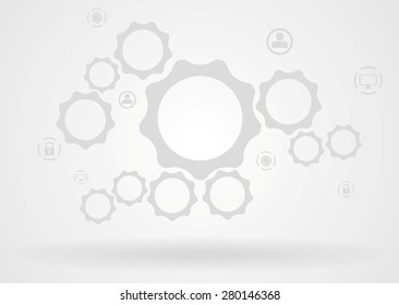 Abstrakter grauer Hintergrund mit Zahnrädern und Symbolen. High-Tech-Vektordesign-Vorlage