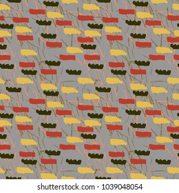 Abstract grey background with red, yellow, black figures. Seamless pattern usable as backdrop or for print for textile or wrapping paper