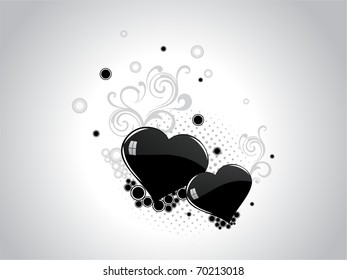 abstract grey background with set of black decorated hearts