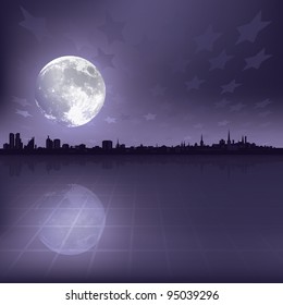 abstract grey background with silhouette of city and moon