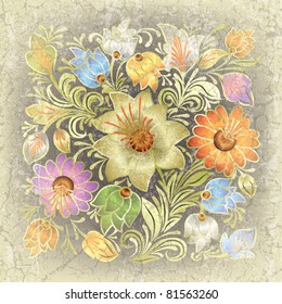 abstract grey beige grunge background with floral ornament