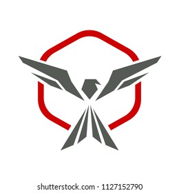 Abstract grey bird spreads wings in hexagonal shield vector logo concept illustration. Suit for aviation industry, aerial sports team, multiplayer game team logo, etc