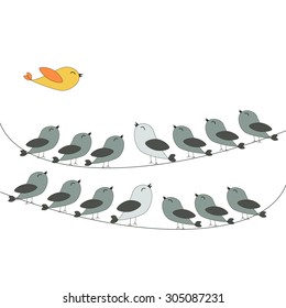 Abstract grey birds on wire, with flying bird