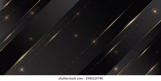 Abstract grey black geometric diagonal with golden line and gold dot glitter on dark background. Luxury style. Vector illustration