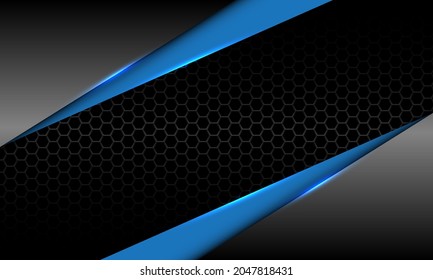 Abstract grey blue metallic geometric on black hexagon mesh design modern luxury futuristic technology vector background illustration.
