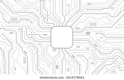 Abstract grey circuit board technology connected lines electronics elements computer motherboard chip processor semiconductor digital background vector illustration.