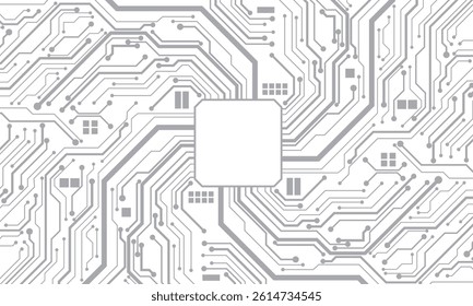 Abstract grey circuit board technology connected lines electronics elements computer motherboard chip processor semiconductor digital background vector illustration.