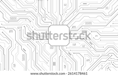 Abstract grey circuit board technology connected lines electronics elements computer motherboard chip processor semiconductor digital background vector illustration.