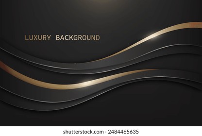 Abstract grey curved wave and gold lines on a dark background. Luxury style
