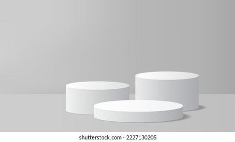 Abstract grey display background with 3d render cylinder pedestal podium. Grey minimal wall scene for product display presentation. Geometric stage platform vector