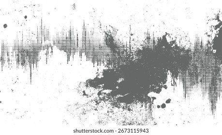 Textura angustiada gris Abstractas con puntos de semitono y salpicaduras sobre un fondo blanco.