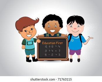 abstract grey dotted background with cute children holding board