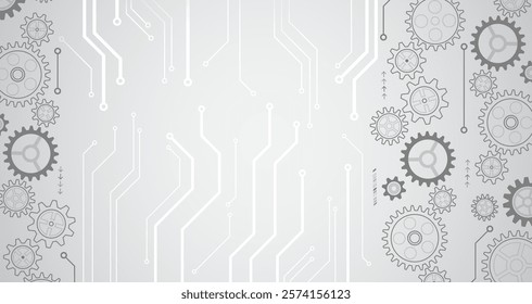 Abstract grey futuristic background consisting of gears, circles and other technological elements. Digital communication, data protection, high-tech presentation, scientific cover. 