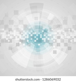 Abstract grey futuristic technology background with HUD gear elements and squares. Vector illustration