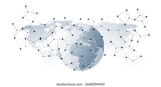 Abstract grey globe with 3d network points and lines connecting continents over a gray world map background. Modern concept for global communication, data transfer, internet and global technology.