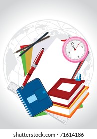 abstract grey globe background with collection of education supplies, illustration