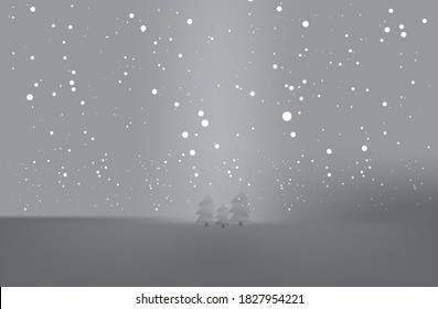 abstract grey gradient background with snow fall and Christmas trees, wallpaper or backdrop website, vector eps