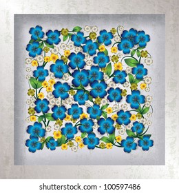 abstract grey grunge background with blue spring flowers