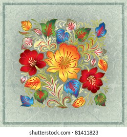 abstract grey grunge background with color floral ornament