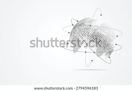 Abstract grey halftone planet earth globe with orbital network connections on white background for global communication and technology concept.