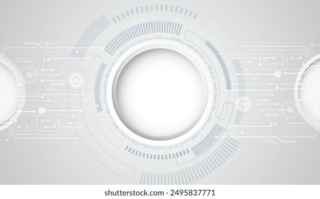 Abstract grey high tech background consisting of printed circuit board circles and other technological elements. Digital communication, data protection, futuristic presentation, science cover.