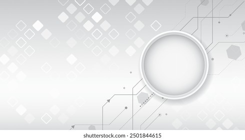 Abstract grey high tech background consisting of printed circuit board, squares and other technological elements. Digital communication, data protection, futuristic presentation, science cover.