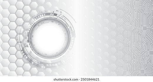 Abstract grey high tech background consisting of printed circuit board, hexagons and other technological elements. Digital communication, data protection, futuristic presentation, science cover.