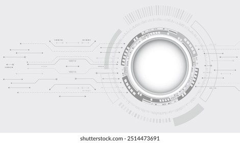 Fundo cinzento abstrato de alta tecnologia consistindo de círculos de placa de circuito impresso e outros elementos tecnológicos. Comunicação digital, proteção de dados, apresentação futurista, cobertura científica.