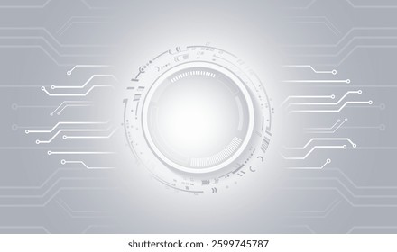 Abstract grey high tech background consisting of printed circuit board circles and other technological elements. Digital communication, data protection, futuristic presentation, science cover. 