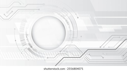 Abstract grey high-tech background consisting of circles and other technological elements. Digital communication, data protection, futuristic presentation, scientific cover.